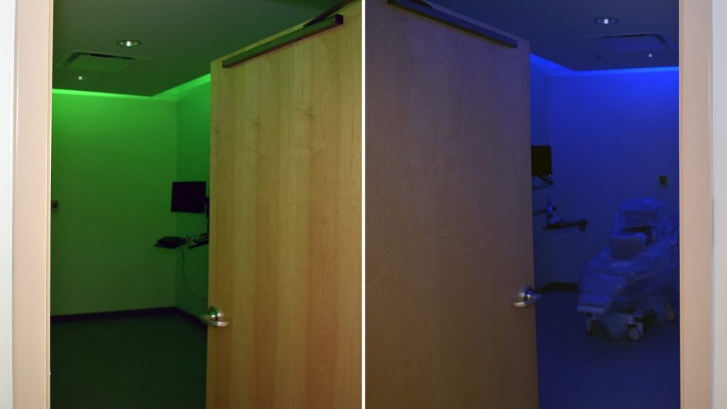 Green and blue are just two of the colors available for patients to choose for the lighting in their mammography room.