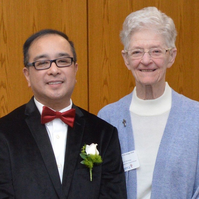 The 2018 physician leadership award winner Dr. Briccio Cadiz is pictured at the ceremony with Sister Mary Roch Rochlage. 