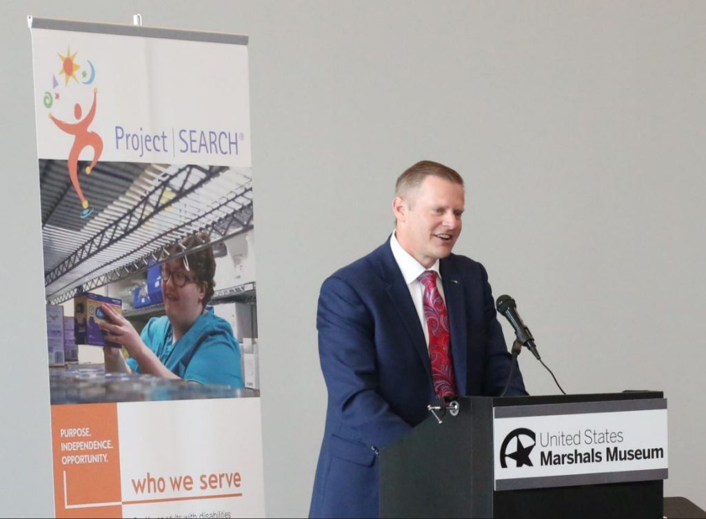 Ryan Gehrig, president of Mercy Hospital Fort Smith, speaks during the graduation ceremony for nine Mercy Fort Smith interns who were part of the Project SEARCH Arkansas: ACCESS Initiative.