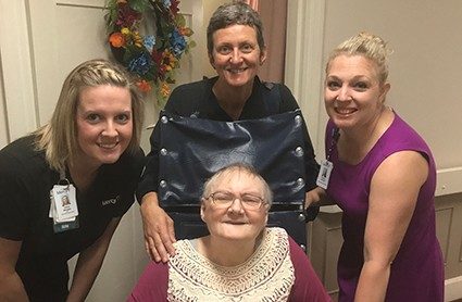 Jeannie Ratz is pictured with three of her Mercy Hospice Jefferson caregivers: clinical supervisor Tricia Rhodes, RN, hospice nurse Suzanne Canterberry, RN, and bereavement coordinator Patricia Courtois, BSW.