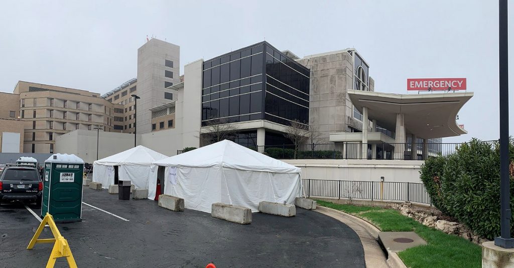 Mercy is implementing outdoor forward triage spaces near emergency entrances, such as this one at Mercy Hospital Springfield, to immediately provide help and masks for those who think they may have COVID-19.