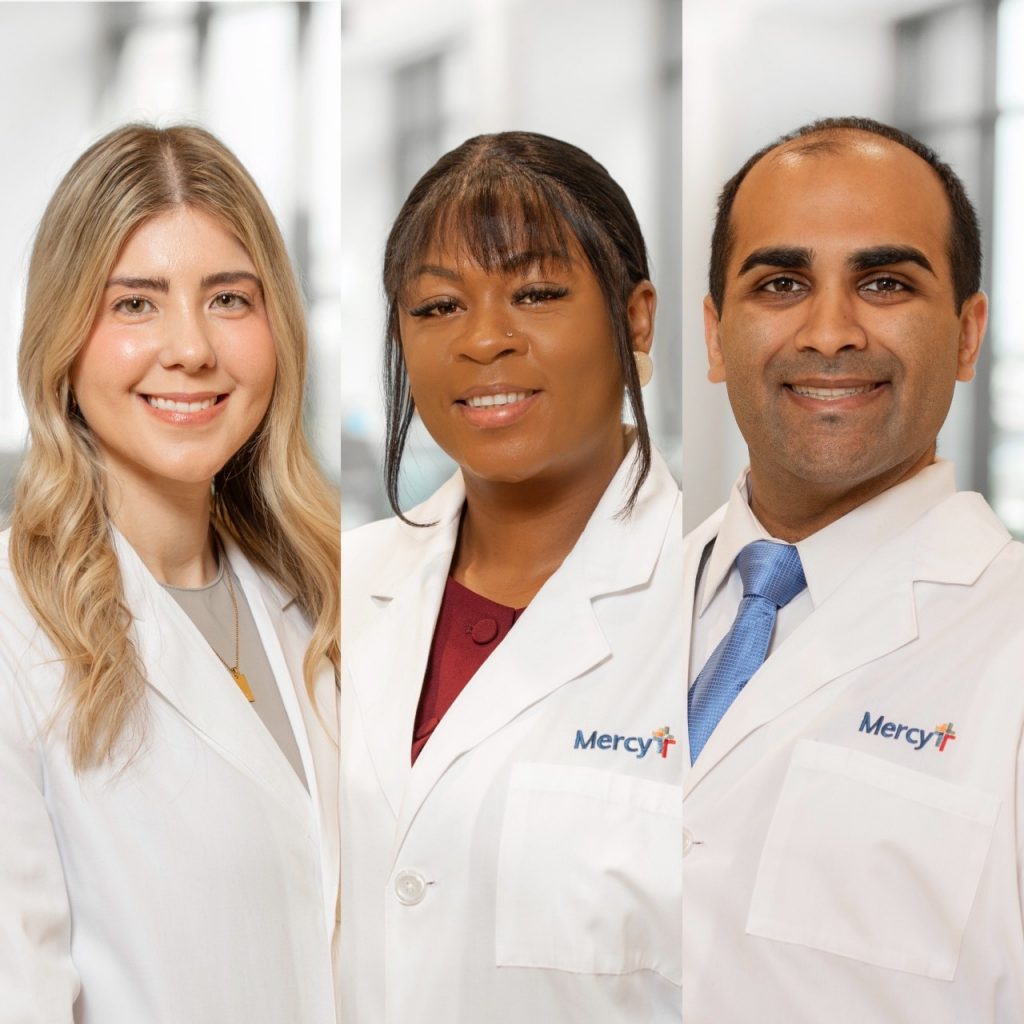 Three head shots of doctors in white lab coats, edited together to fit in one image. From left to right are Dr. Cassandra D'Andrea, Dr. Arielle Ngameni and Dr. Bhavin Shah.