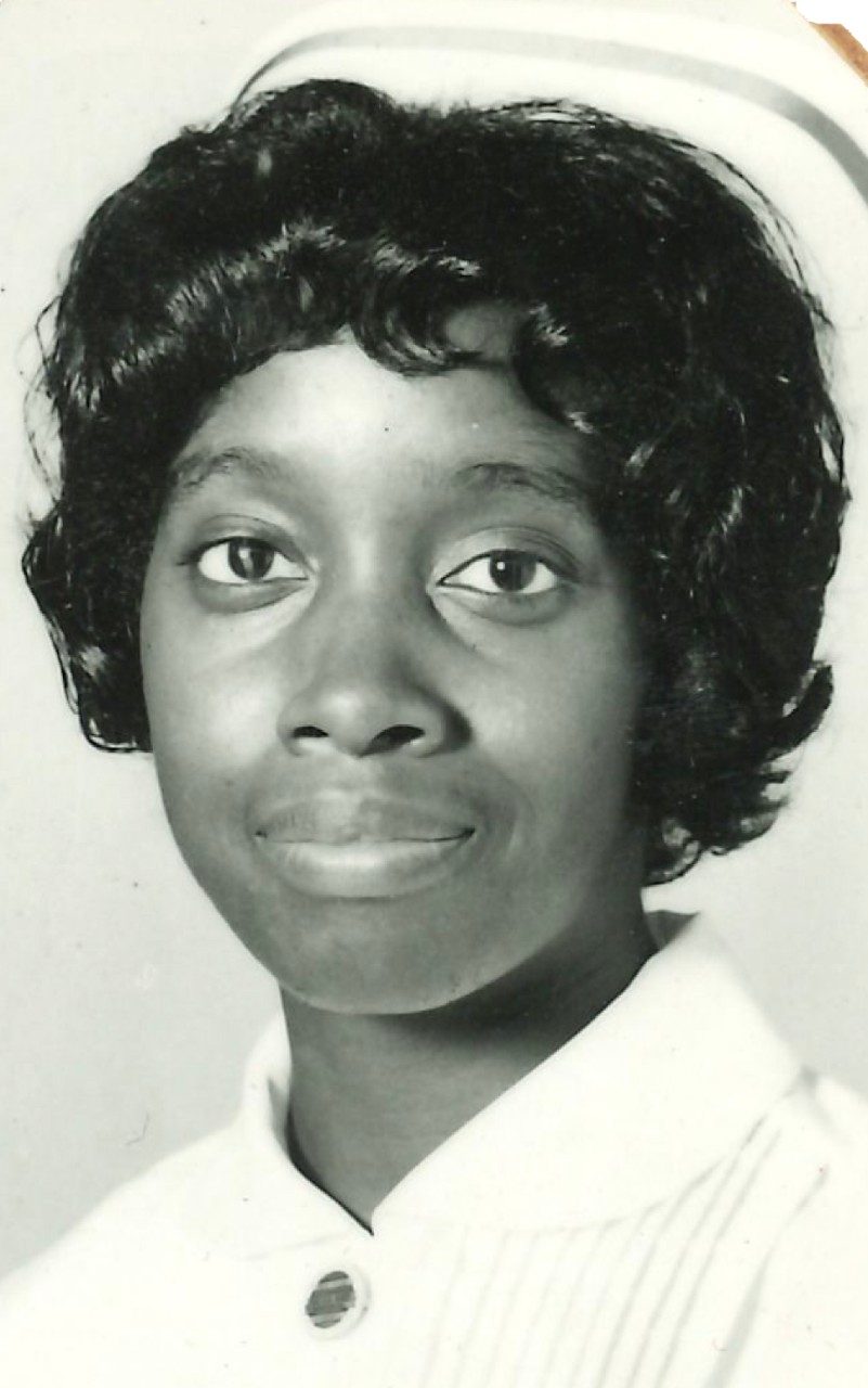 Erma Willis-Alford in a head shot from SouthernTech in the 1960s. She's wearing a white hat and white blouse from nursning school.