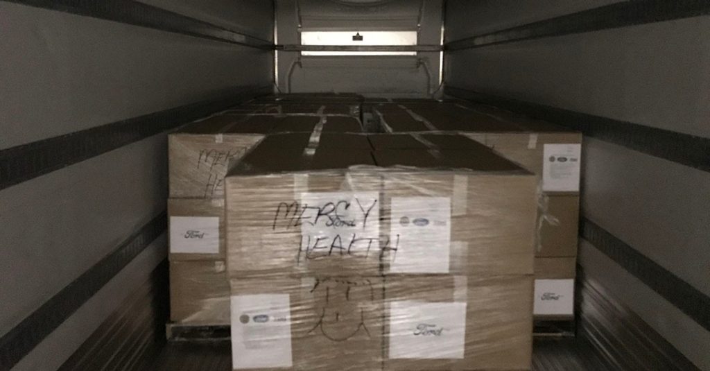 A UAW volunteer snapped this picture of the boxes of face shields donated to Mercy. 