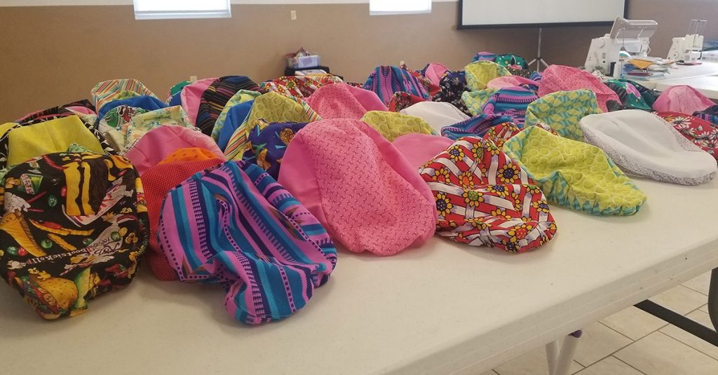 An example of the surgical caps Missouri Campers on Mission handcrafted for Mercy Hospital Lebanon.