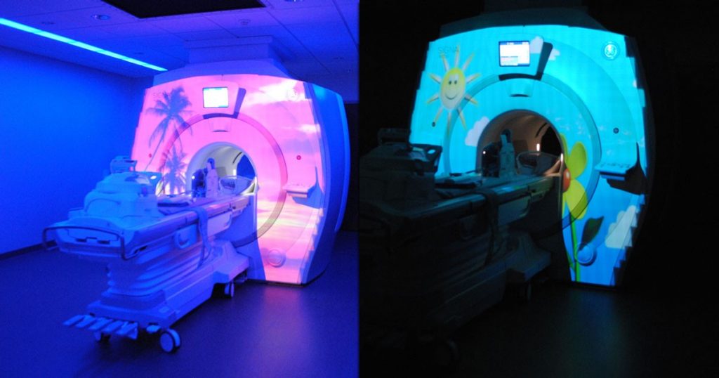 The new Mercy Kids MRI suite offers ceiling projection themes, LED light colors in the room and favorite cartoons or movies