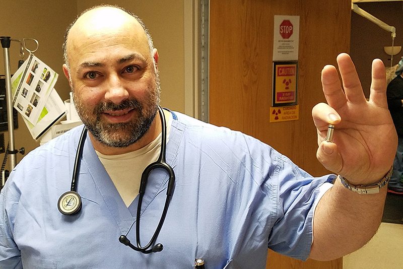 Dr. Bassem Mikhail holds a sample of the new Micra TPS, the world’s smallest pacemaker. On Dec. 4, Dr. Mikhail placed the new technology in a patient at Mercy Hospital Jefferson.