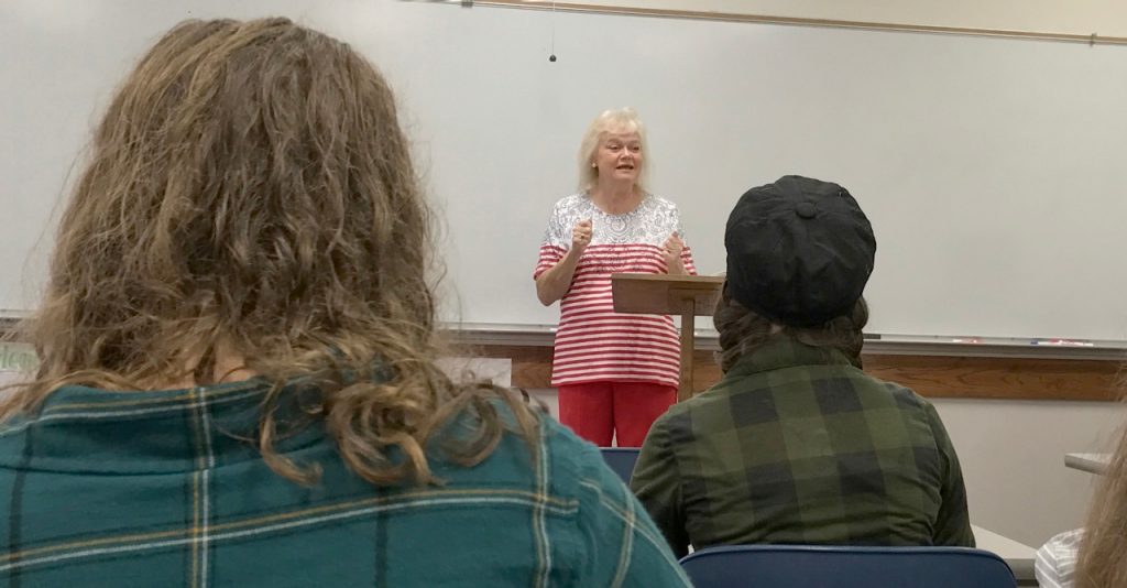 Nancy Pace-Miller teaches a communications class at Evangel University in Springfield, Missouri.