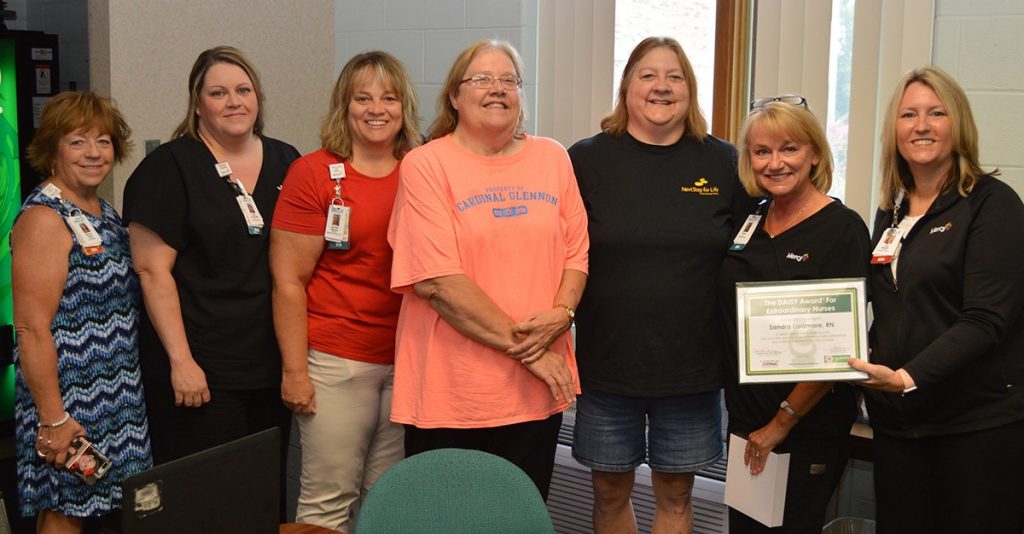 Sisters Sharon Anderson and Karen Rieger attended a staff meeting at Mercy Home Health Jefferson for the presentation of a DAISY award to nurse Sandra Laramore. Pictured, from left, are Monica Rozier, Lisa Lucas-Dean, Jennifer Wisdom, Anderson, Rieger, Laramore, and Lisa Michael.   