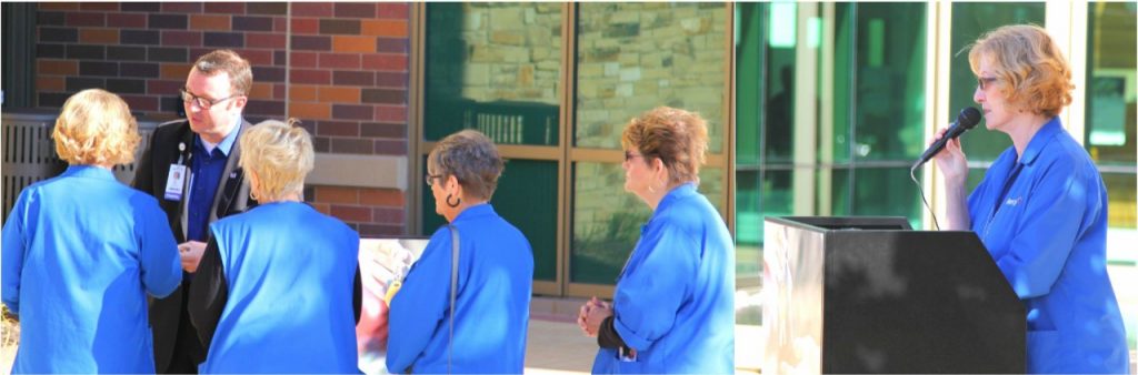 Mercy chaplain Tylper Whipkey blesses the hands of Mercy Joplin Auxiliary volunteers. Rosemary Newman, auxiliary president, addresses the crowd during the Oct. 18, 2017, ribbon cutting for the valet service.