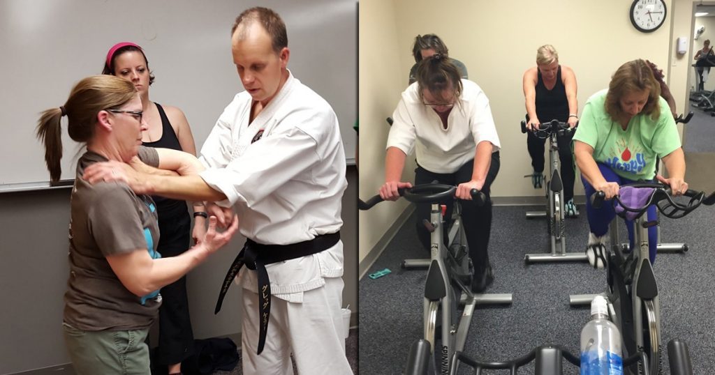 Co-workers can choose from a variety of classes such as self defense, spinning and more.