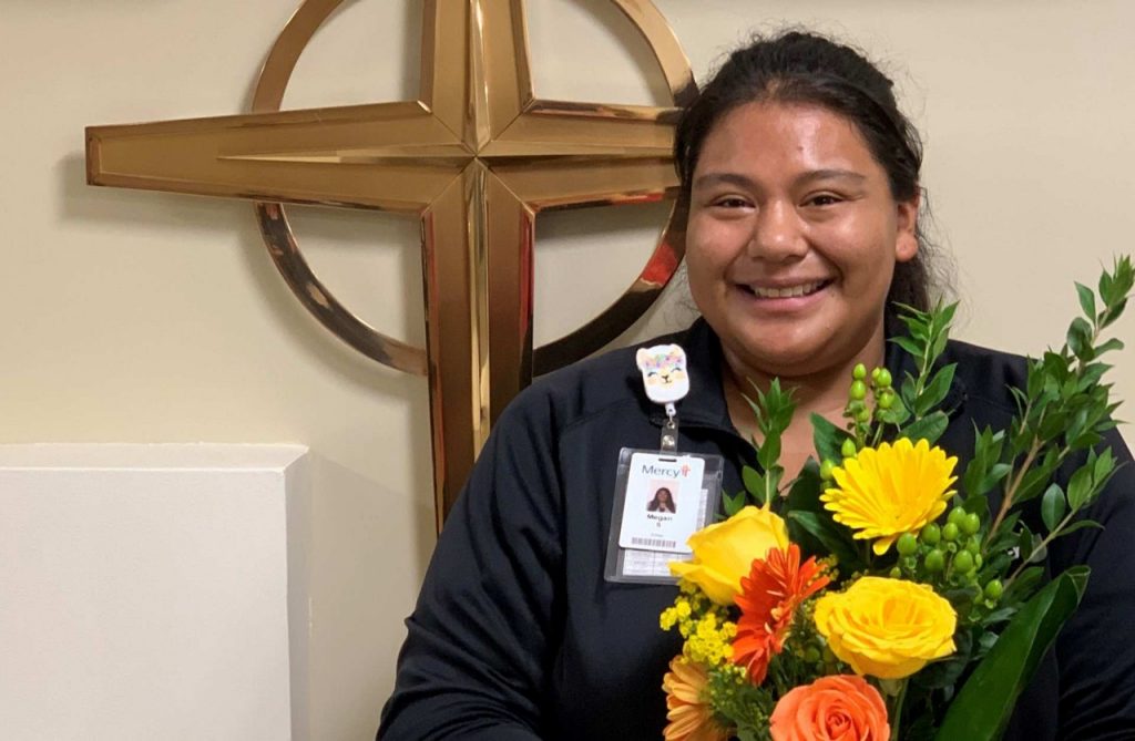 Megan Schott, safety sitter, has earned the Daffodil Award for providing outstanding, compassionate care at Mercy Hospital South.