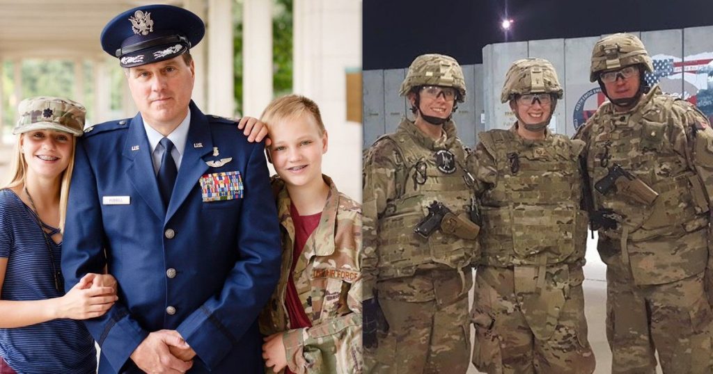 Ed Hubbell with his children and with while deployed in Afghanistan. While deployed, Hubbell was also teamed with fellow Mercy co-workers. pictured left to right in deployment picture: Renee Klieser (ER Nurse, Mercy St. Louis), Sarah Bieser (ER Nurse, Mercy St. Louis), and Hubbell.