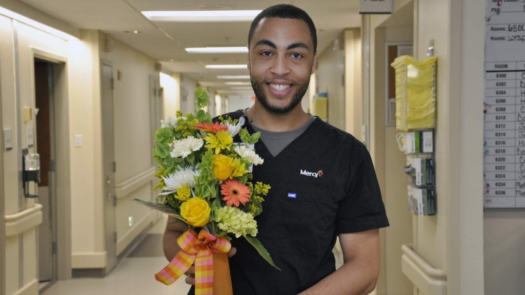 Evan Wallace, patient care associate, surgical stepdown, was honored with a Daffodil Award for the compassionate care he provides at Mercy Hospital South.