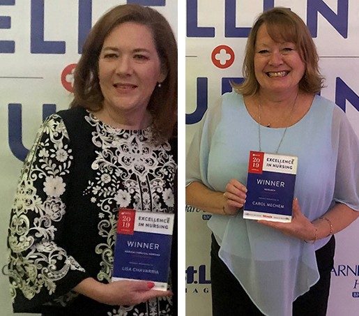 Lisa Chavarria, RN, Mercy Hospital Jefferson, (left) and Carol Mechem, RN, Mercy Hospital South, (right) pose with their Excellence in Nursing Awards during the awards ceremony.