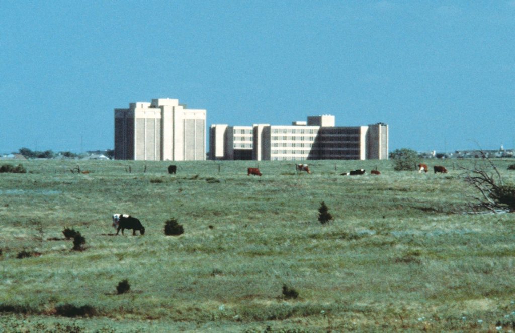 Mercy Hospital Oklahoma City surrounded by pastures with cows in 1974