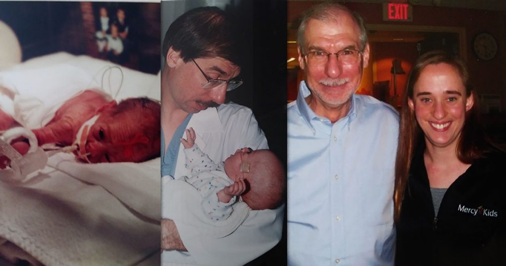 Shannon Knabach in the NICU, on discharge day with Dr. Kenneth Klesh and as a friend with now retired Dr. Klesh.