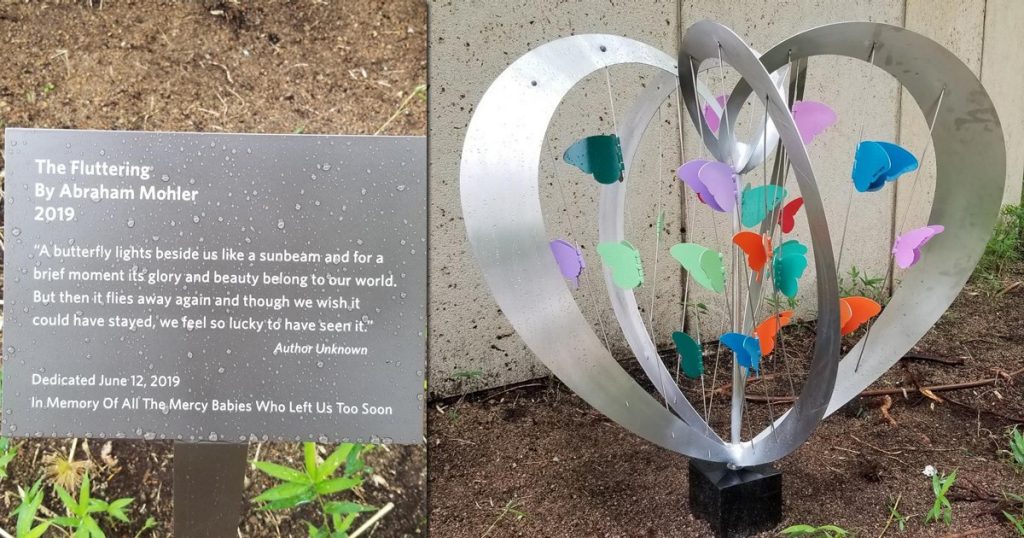The Fluttering is located on the St. John's Plaza at Mercy Hospital St. Louis. It was purposefully placed in a semi-secluded area so families can grieve in private.