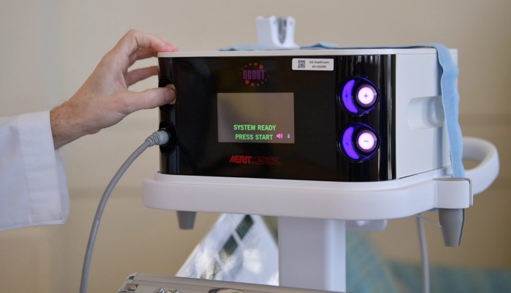 Dr. Stephen Seffense with Mercy Fort Smith demonstrates the SAVI SCOUT, a wireless device that eliminates the need for a pre-op procedure for patients undergoing a lumpectomy or surgical biopsy.