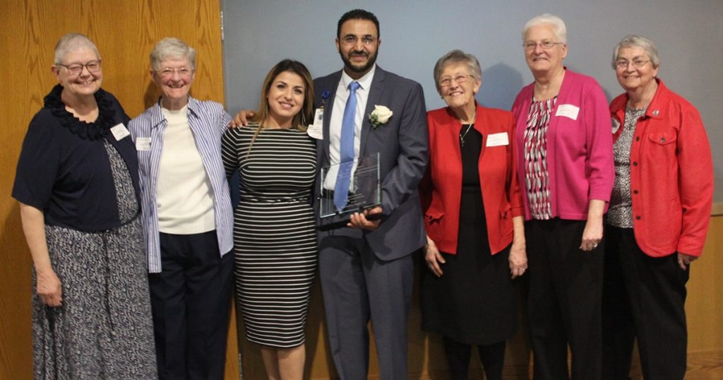 Dr. Mahmud Al Furghani and his wife Iman Chaer, celebrated with five Sisters of Mercy at the 2019 Catherine McAuley Physician Leadership Award dinner, Sr. Christine Blair, Sr. Mary Roch Rochlage, Sr. Judy Carron, Sr. Donella Hartman, and Sr. Carol Ann Callahan.
