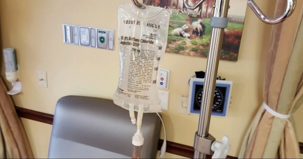 A chemotherapy infusion bag is ready for a patient's cancer treatment.
