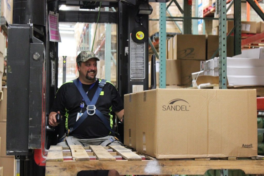 David Greene, ROi operations specialist, runs a forklift inside Mercy’s Consolidated Services Center (CSC) in Springfield, Mo., where medical supplies are managed and passed through to Mercy’s network of hospitals and clinics across four states.
