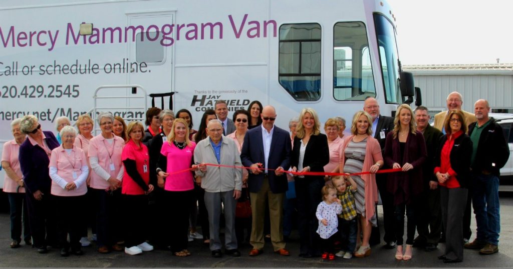 The Hatfield family and Mercy co-workers cut the ribbon Tuesday at Jay Hatfield Chevrolet Buick in Columbus for the Mercy mobile mammography van that has received an upgrade of digital equipment. Jay Hatfield Companies is donating $100,000 over five years to the Mercy Health Foundation to support the mobile mammography program.