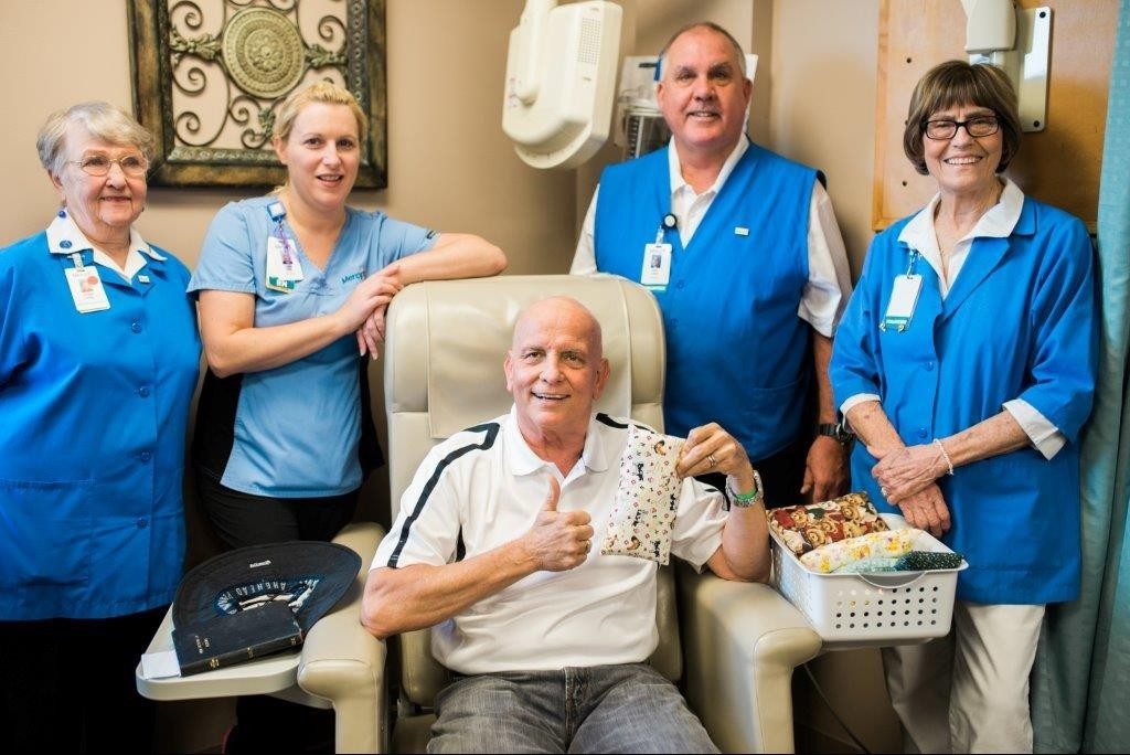 Mercy Volunteers began making “port pillows” over the summer to help relieve seatbelt pressure on patients’ chemotherapy ports.
